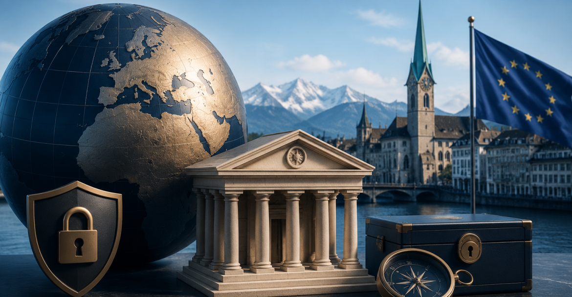Globo mundial, banco internacional e cofre representando bancos offshore para expatriados brasileiros na Europa