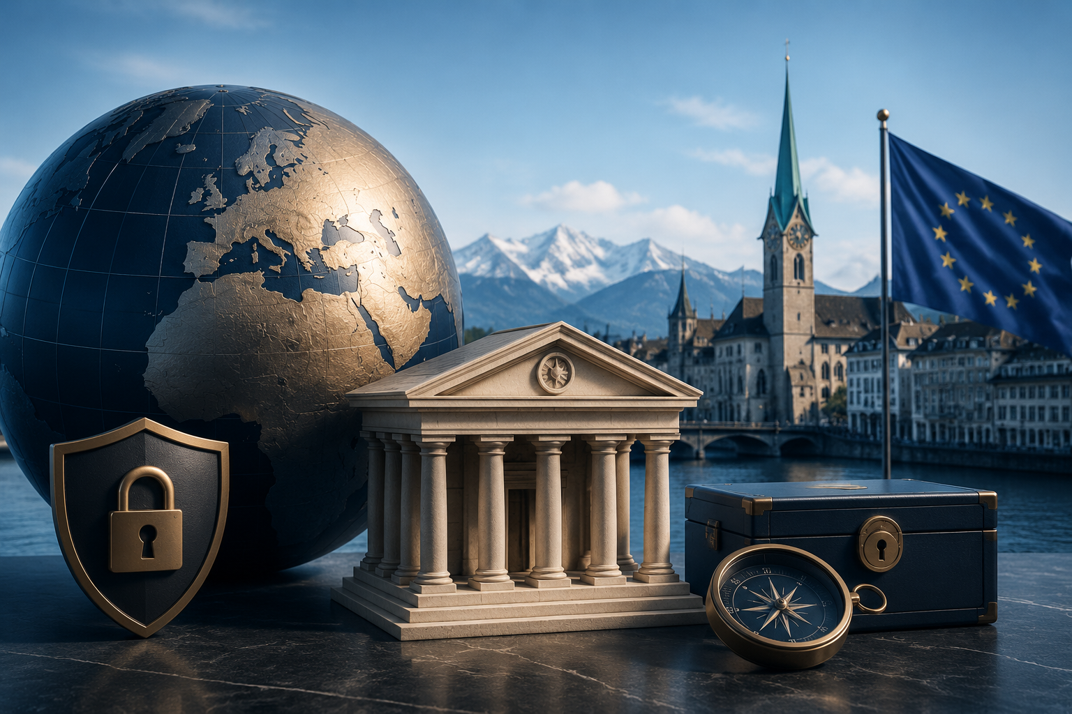 Globo mundial, banco internacional e cofre representando bancos offshore para expatriados brasileiros na Europa
